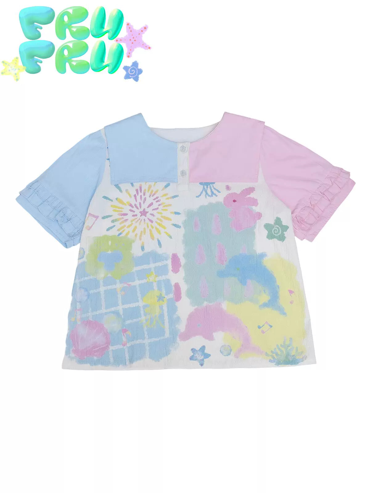 Gollum Store Original cute powder blue patchwork navy collar print embroidered loose shirt