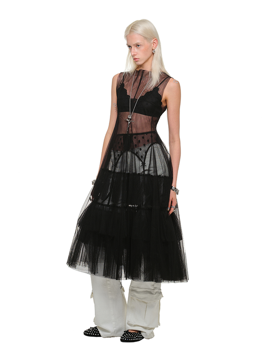 Sheer Layered Mesh Dress – Sleeveless Puffy Outer Skirt Look