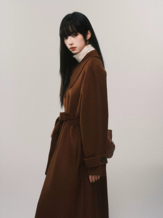 Vintage Maple Leaf Alpaca Handmade Waist Long Coat for Women