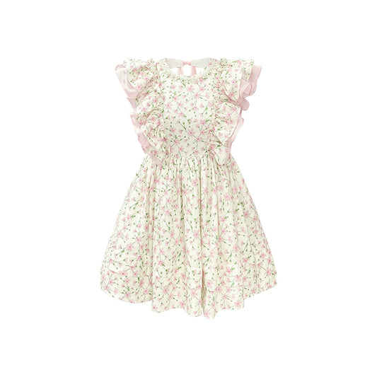 Diseño Original flor rosa doble capa borde con volantes pequeña manga voladora muñeca falda mullida camiseta sin mangas