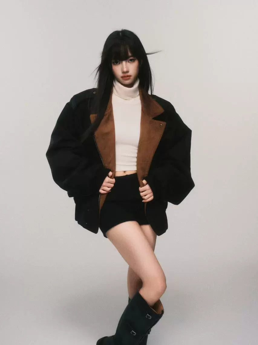 Retro Lapel Color-Block Cotton Jacket (Short Warm Design)