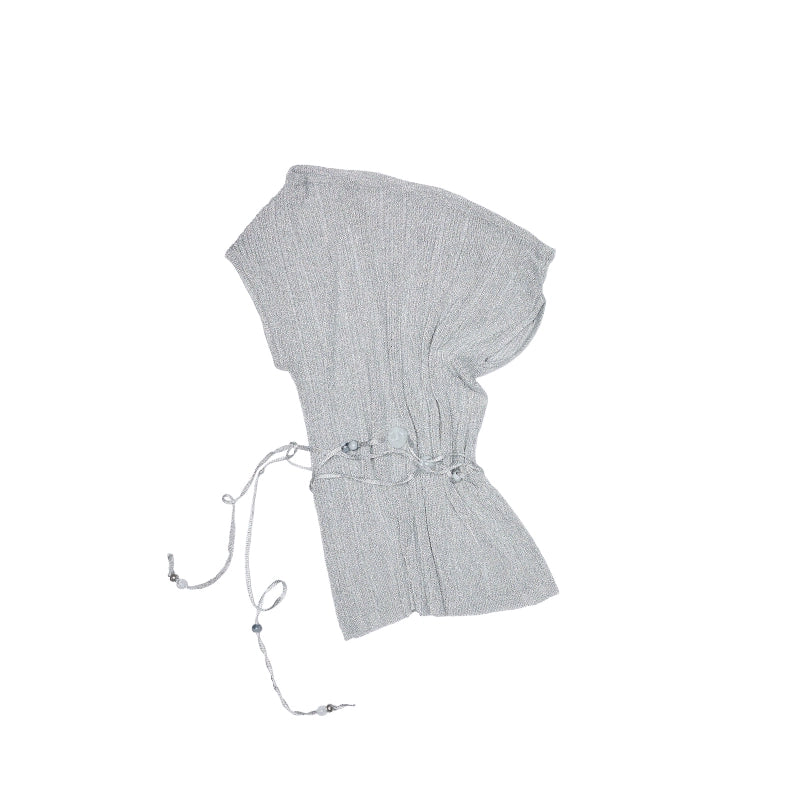 Pleated Lace-Up Knit Top – Sheer Loose Short Sleeve Off-Shoulder Cover-Up