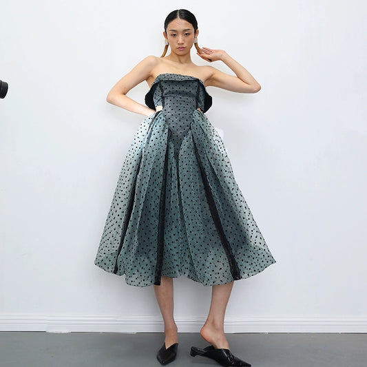 Hollowed Waist Polka Dot Organza Fluffy Skirt Q266