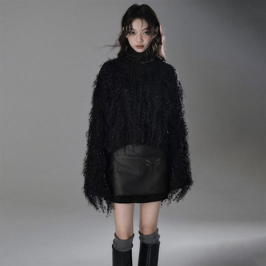 Half Cut Poetry Tassel Feather Round Neck Pullover