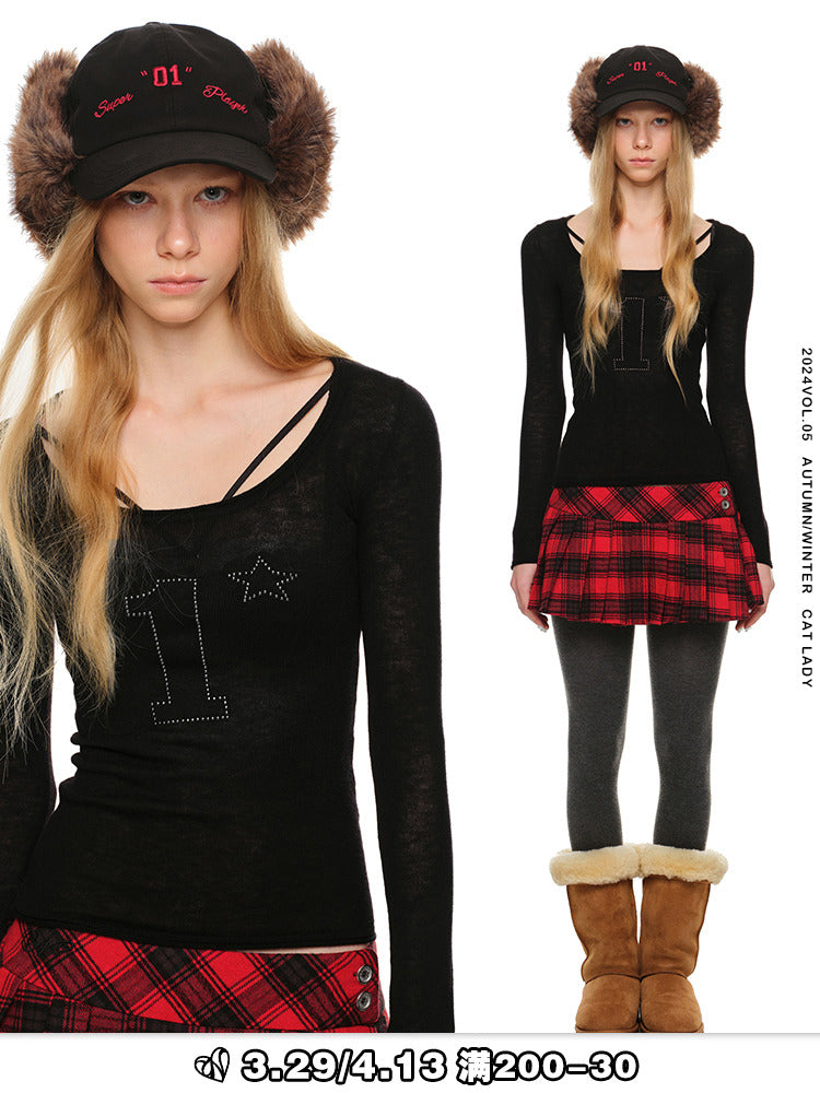 studded scoop neck slightly transparent knit base layer with a slim waist and a high-stretch long-sleeved top