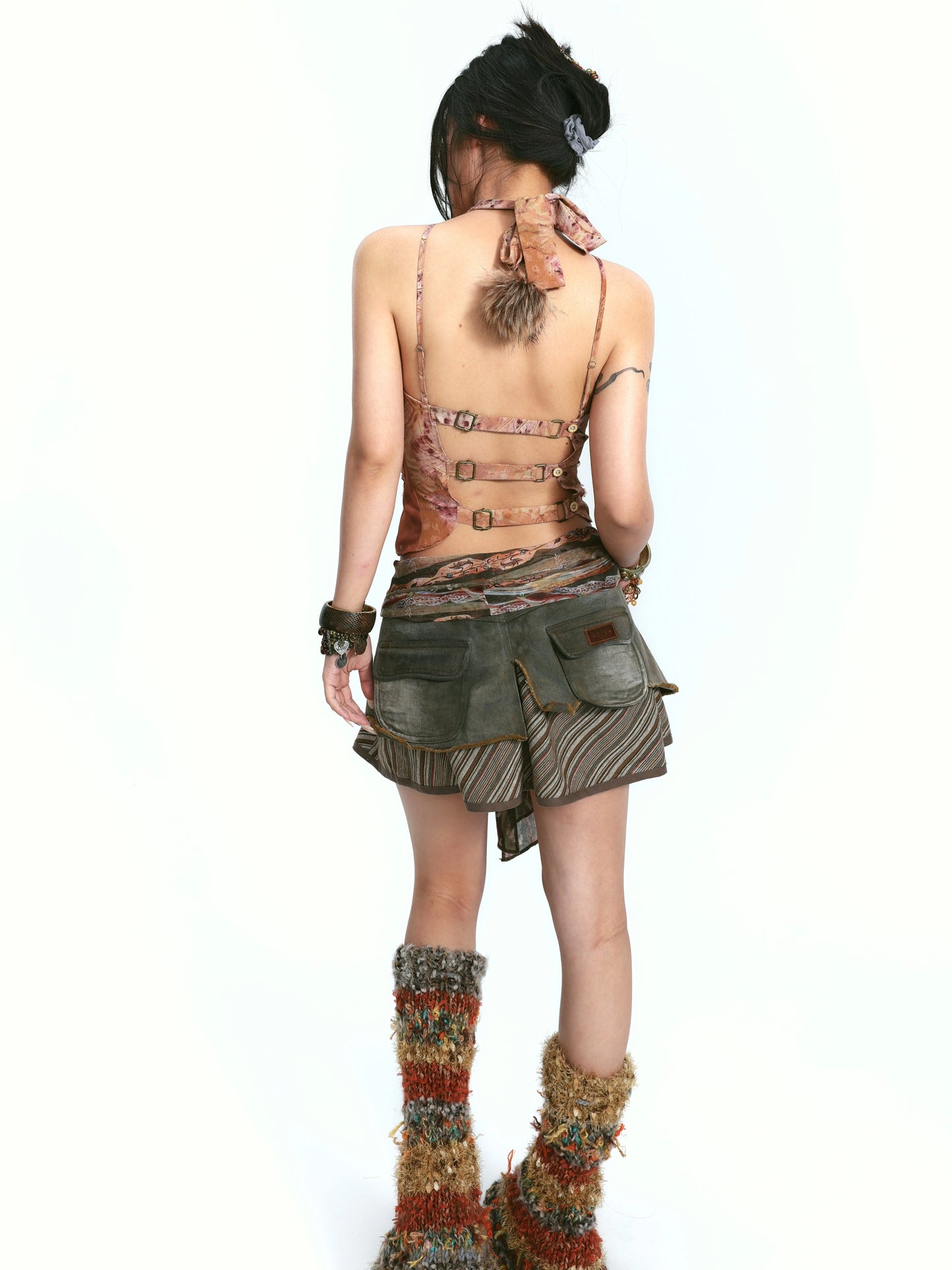 Double-Panel Washed Denim Skirt – Bold Contrast Design