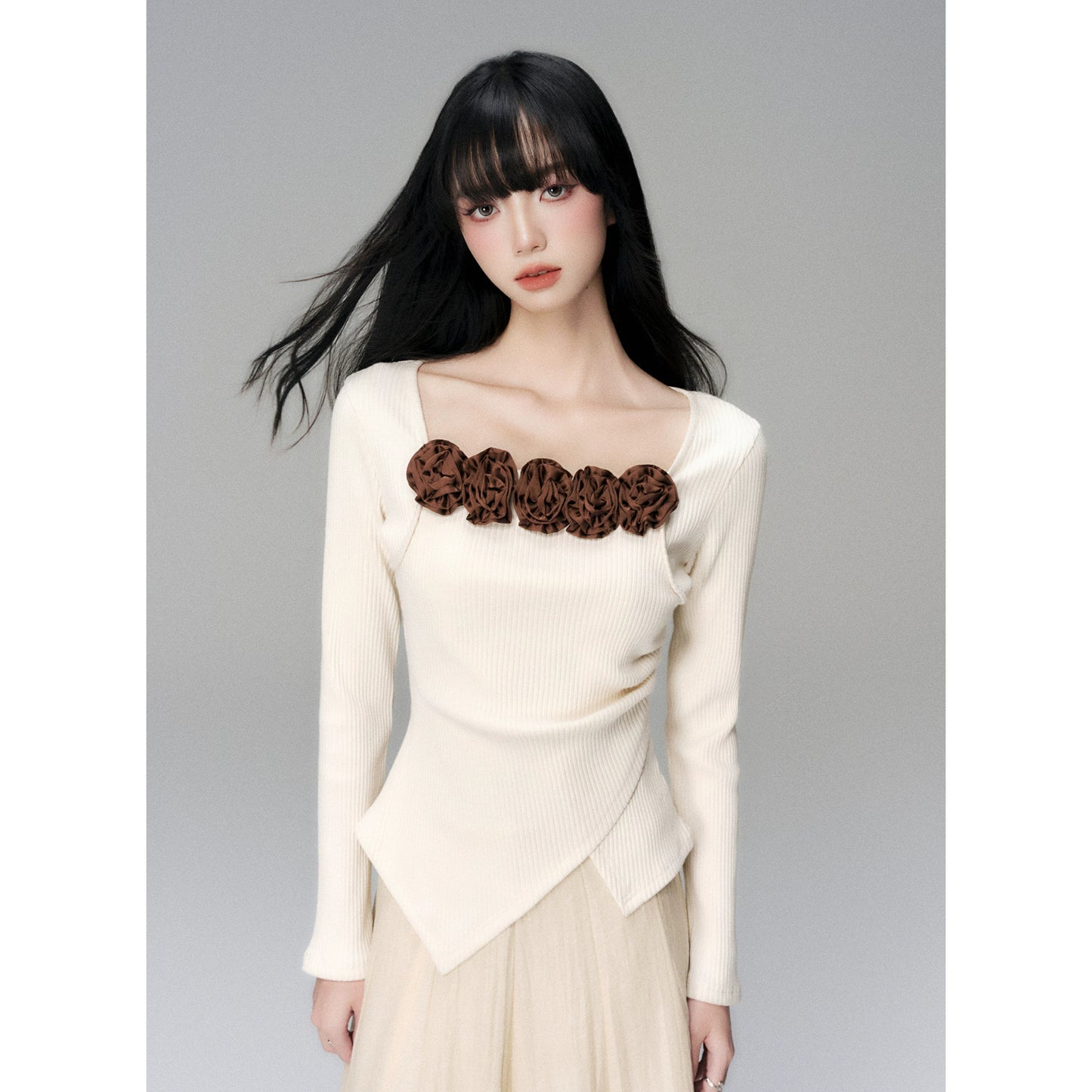 Rose Knit Two-Piece Set with Square Neck Design