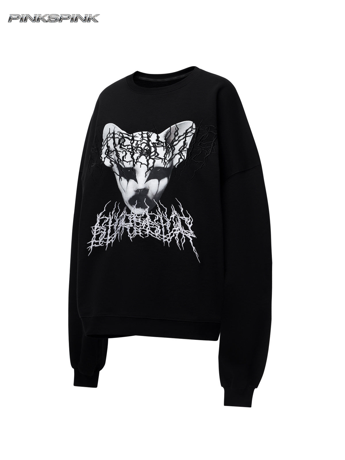 Cat-Themed Black Metal Thorn Embroidered Y2K Sweatshirt
