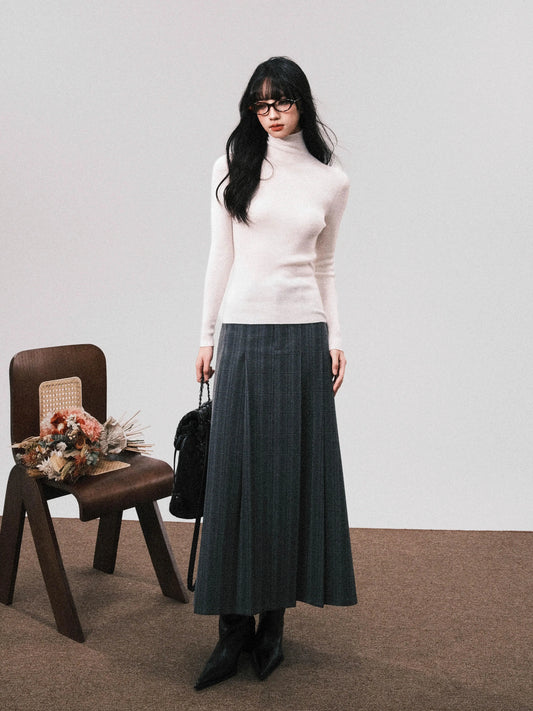 Medium Grey Retro Pleated High-Waist Skirt (Elegant Edition)