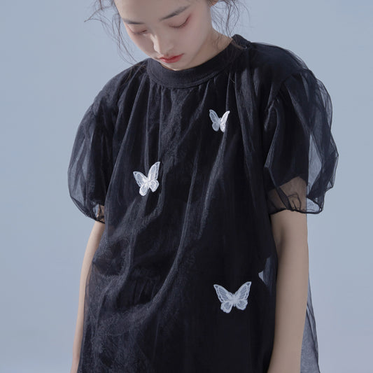 Air Feeling Fluffy Double Layer Mesh Bubble Sleeve Top