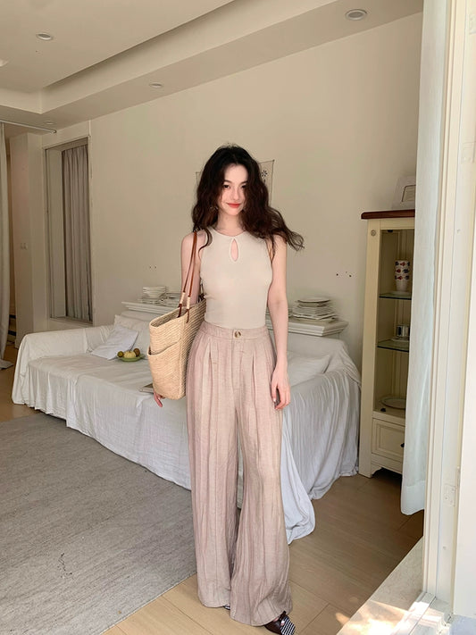 High-Waisted Light Khaki Casual Pants