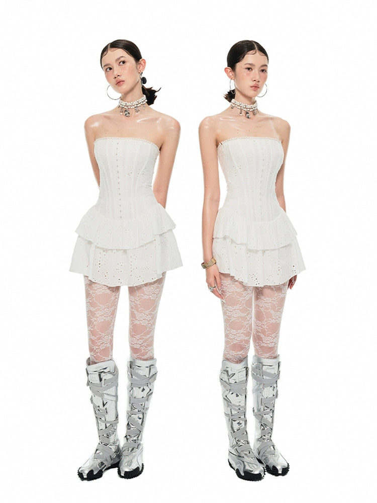 Herringbone Cotton Dress with Skirt – Double Jacquard Elegance