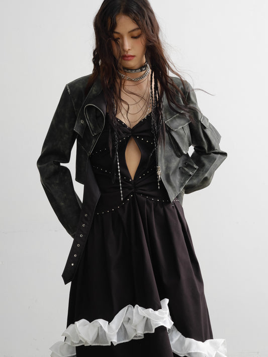 Jupe caraco en dentelle contrastante à rivets