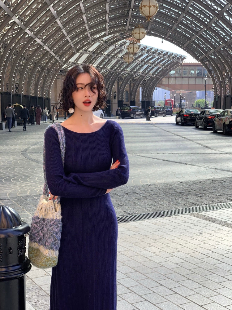 Retro Slim Waist Knitted Dress (Lanyun Collection)