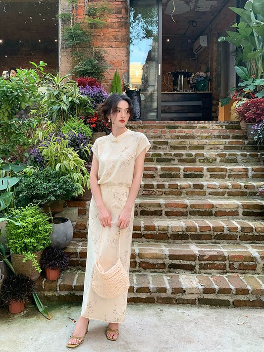 Button Cheongsam Top & Skirt Set