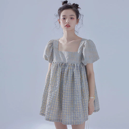 Checkered Bubble Sleeves Square Neck Fluffy Doll Dress