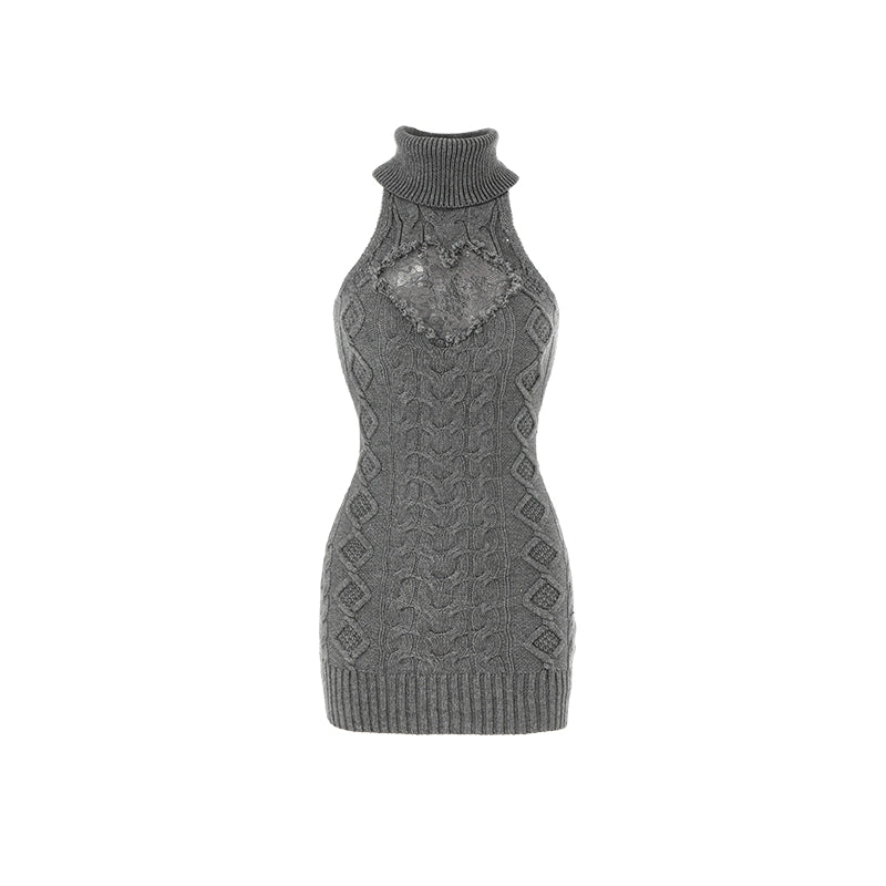 High-Neck Knit Vest Dress – Cinched Waist Lace Fall Sweater