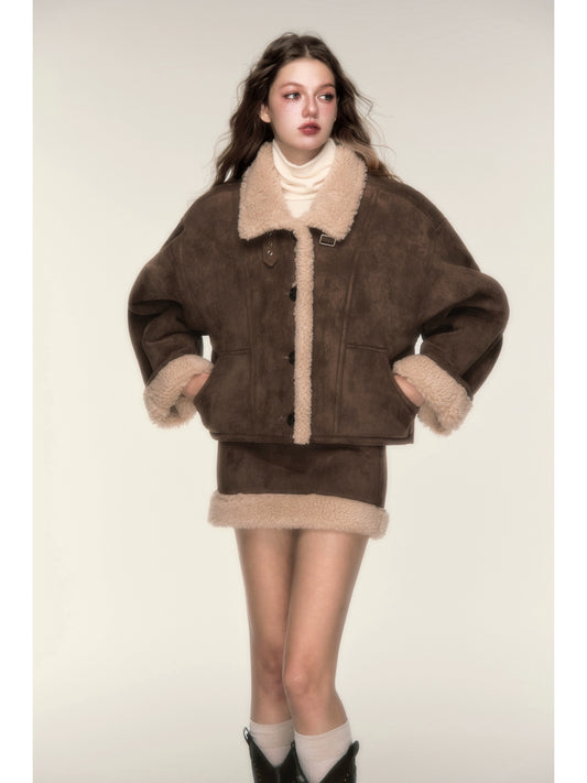 Retro Motorcycle Fur Set Skirt - Autumn/Winter