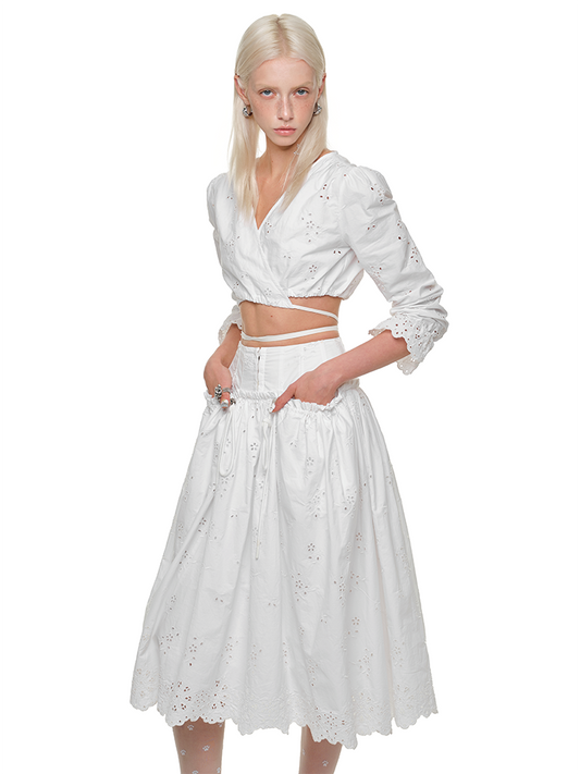 Mini Cut-Out Jacquard Blouse – Puff Sleeve Lace-Up V-Neck Shirt