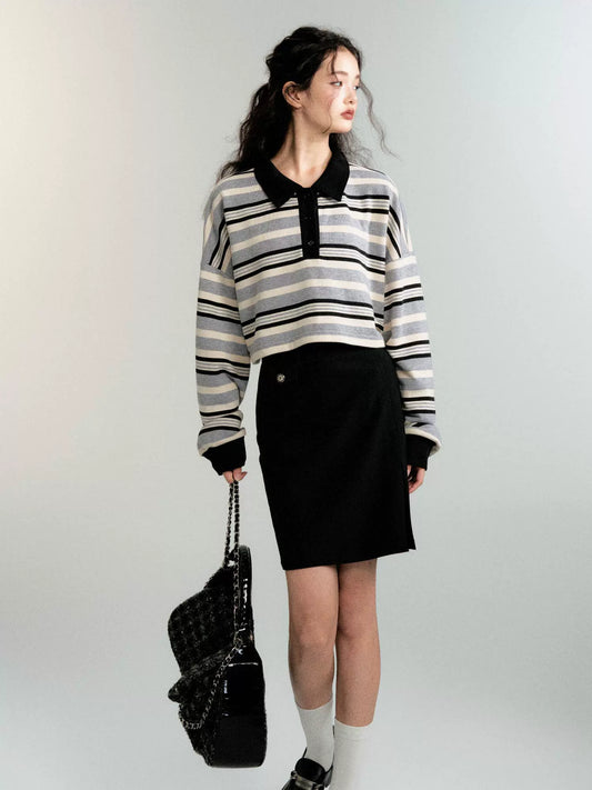 Contrasting Striped Sweatshirt Polo Shirt (Sporty Casual Fit)