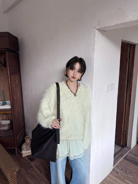 Plush V-Neck Knit Sweater