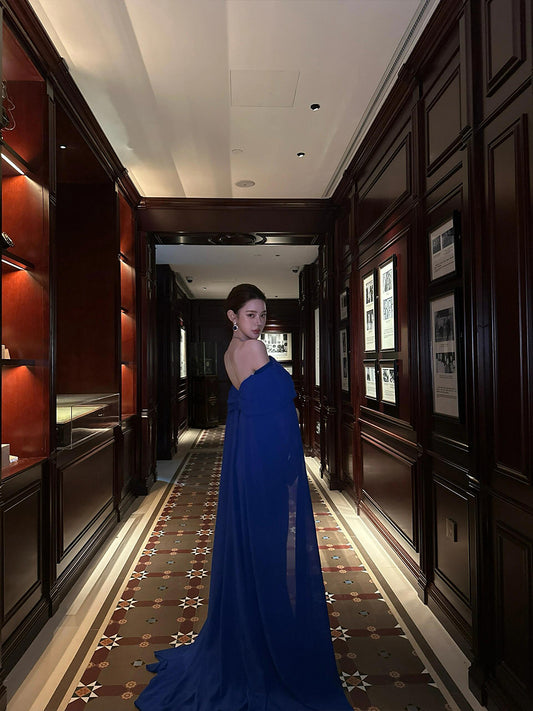 French Couture One-Shoulder Dress – Elegant Blue Satin Evening Gown