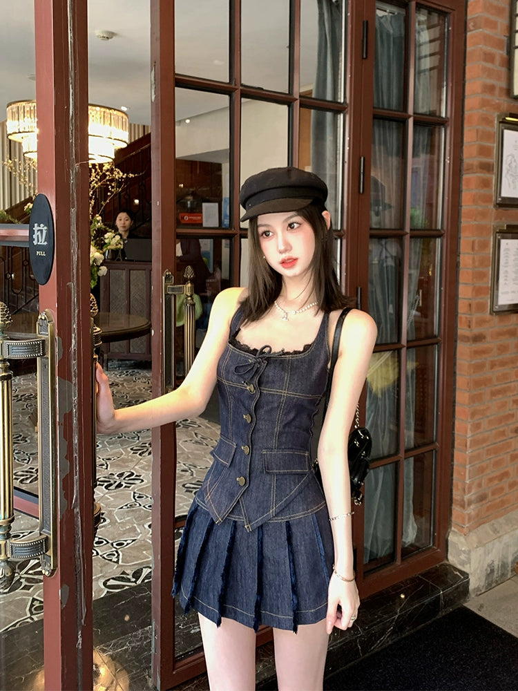 Stylish Denim Two-Piece Suit Dress - Women's Summer Set