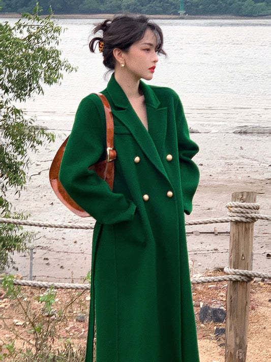 Pure Wool Double-Sided Belted Mid-Length Coat – Retro Winter Style