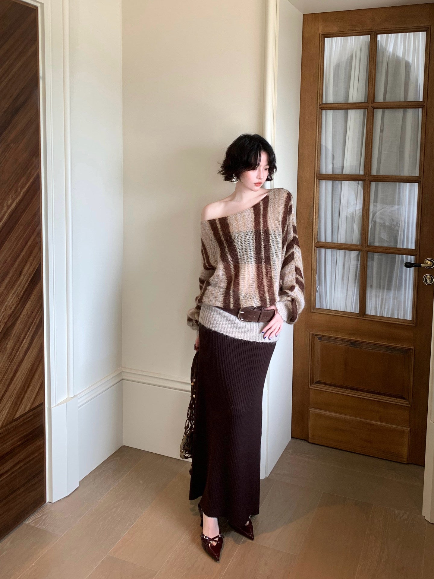 Relaxed Striped Wool-Blend Knit Top – Hong Kong Retro Autumn Drop-Shoulder Style