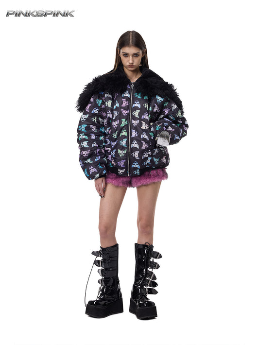 Cat-Themed Black Metal Fur Collar Unisex Y2K Jacket