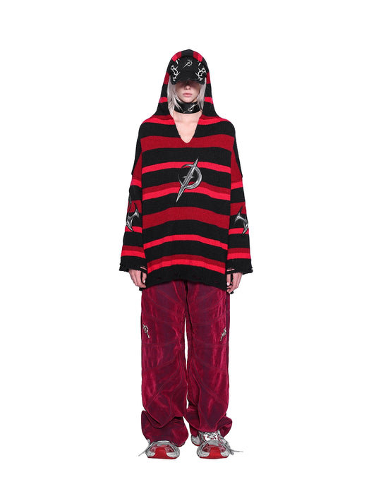 Red & Black Striped V-Neck Ripped Embroidered Y2K Punk Sweater