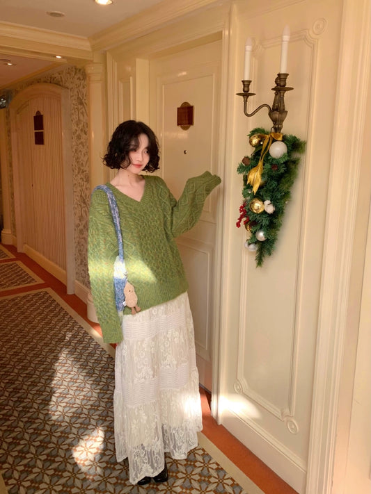 Lace Knitted High-Waist A-Line Umbrella Skirt (Flower Outside)