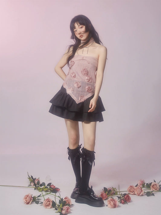 Spring/Summer Pink Rose Lace Spliced Mesh Bra Top