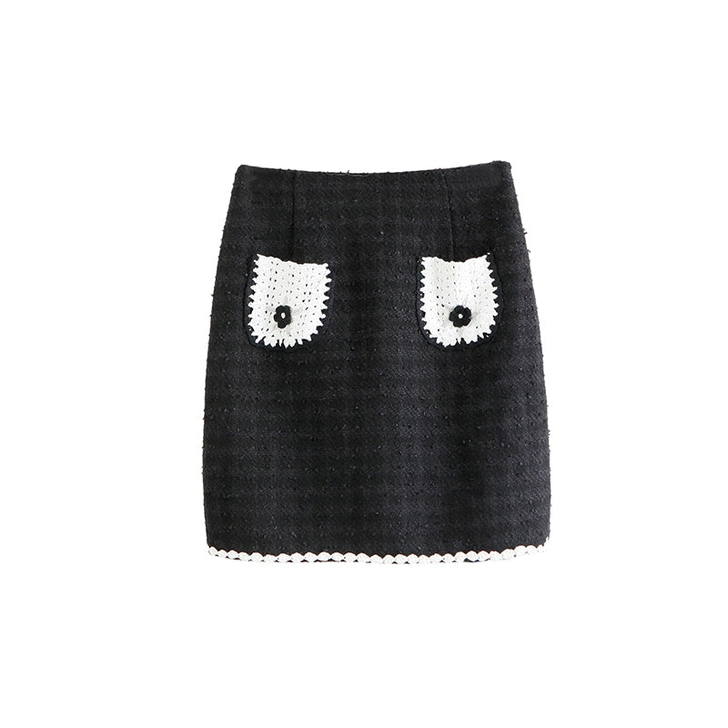 Wu Di Cute, retro, small fragrance style, coarse tweed, short lace skirt
