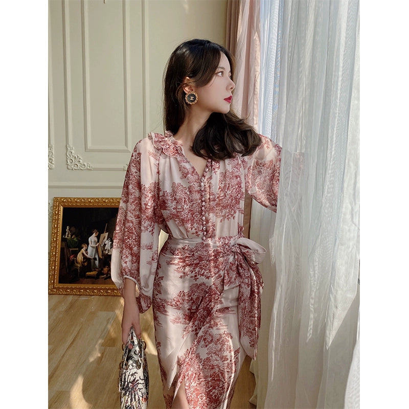 French V-Neck Lace-Up Two-Piece Set