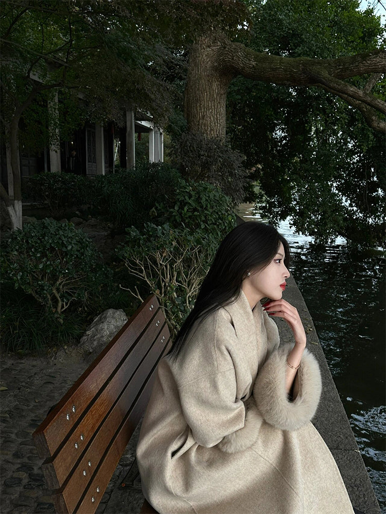 Oatmeal Double-Faced Cashmere Coat – Midi Wool Jacket with Detachable Fox Fur Cuffs