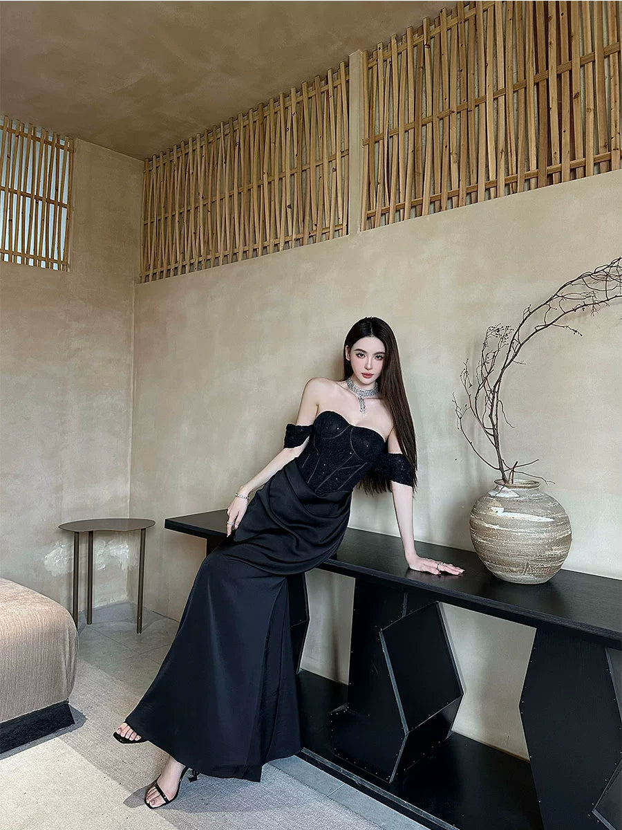 Women's Long Formal Satin Maxi Dress – Mock Neck Sleeveless Side Slit Flowy Elegant Wedding Guest Gown