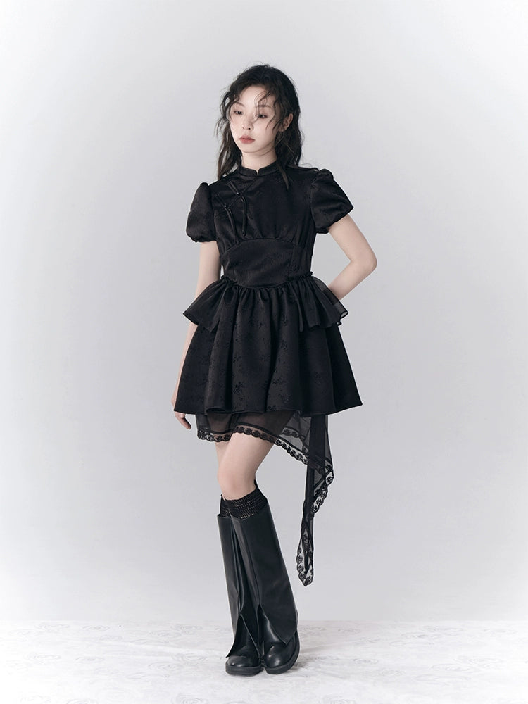 New Chinese Style Button Up Bubble Sleeve Dress