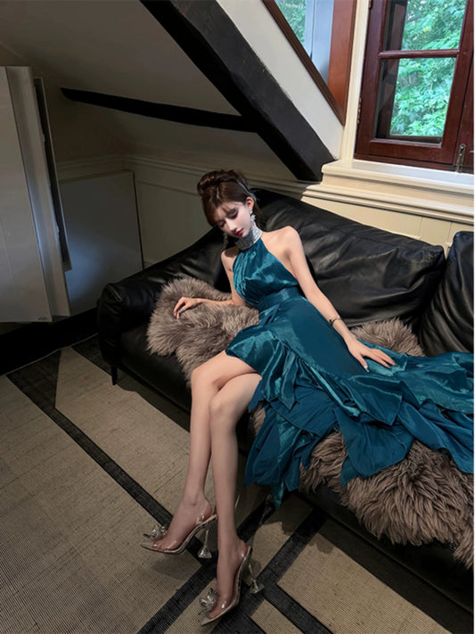 High-End French Blue Dresses – Luxe Autumn-Winter New Year's & Birthday Style