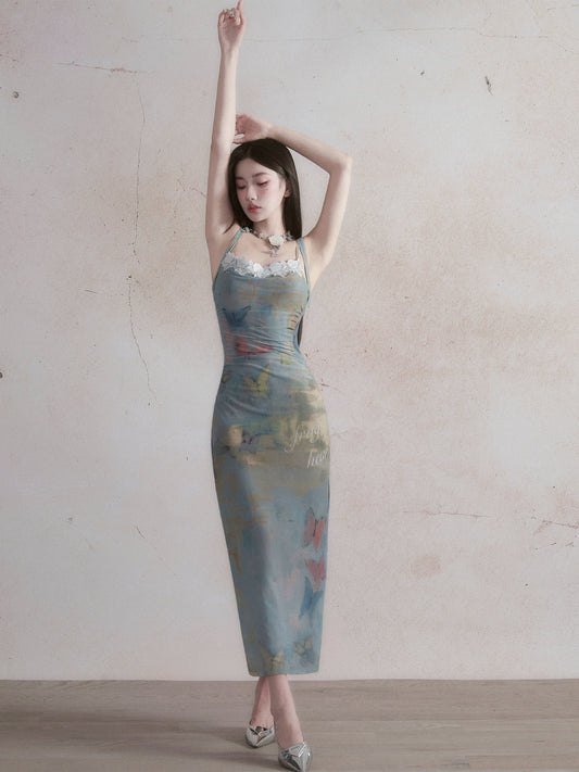 Butterfly Dream Oil Painting Print Slim Dress