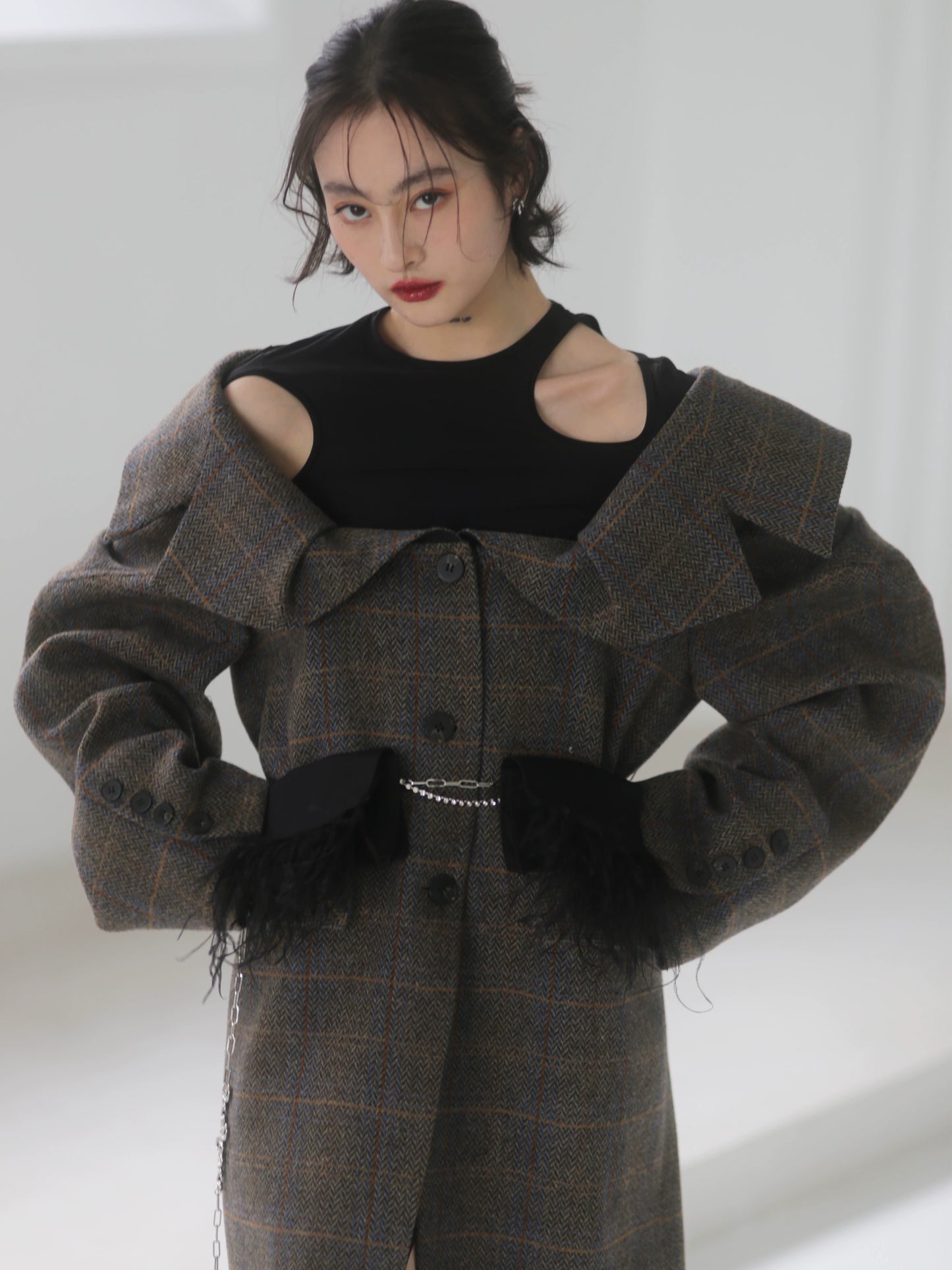 Generous Collar Off Shoulder Plaid Woolen Long Coat