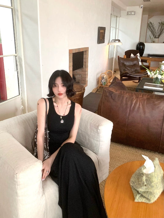 French Vintage Sleeveless Sundress – Belted Slim Fit Maxi