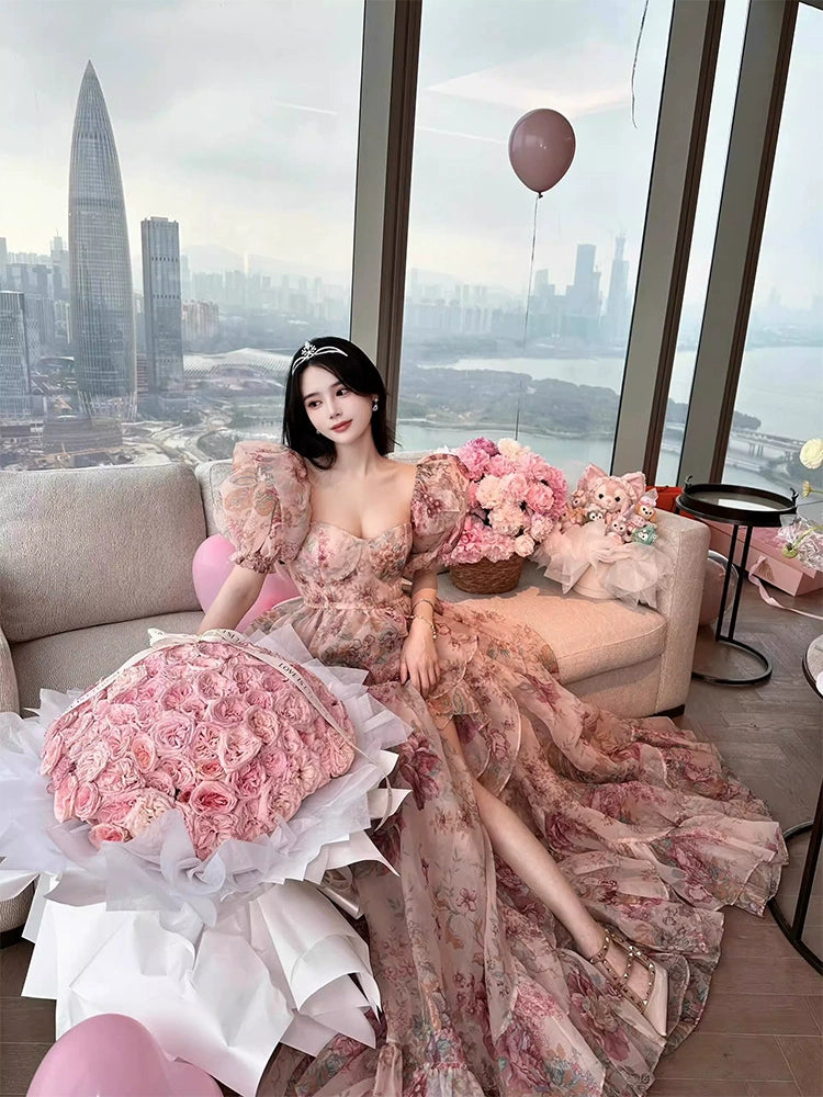 Floral Puff Sleeve Dress – Elegant Graduation & Birthday Gown