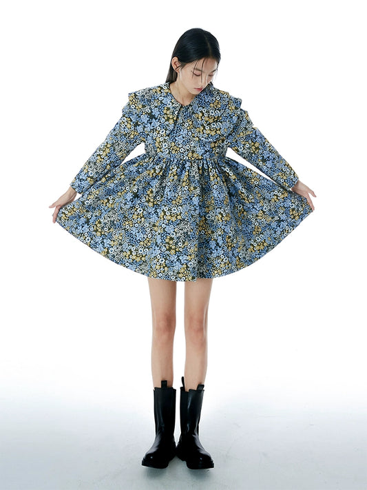 Vintage Jacquard Doll Neck Double Collar Dress