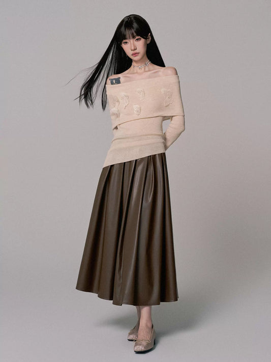 One-Shoulder Knit Top & Pleated Skirt Set for Women