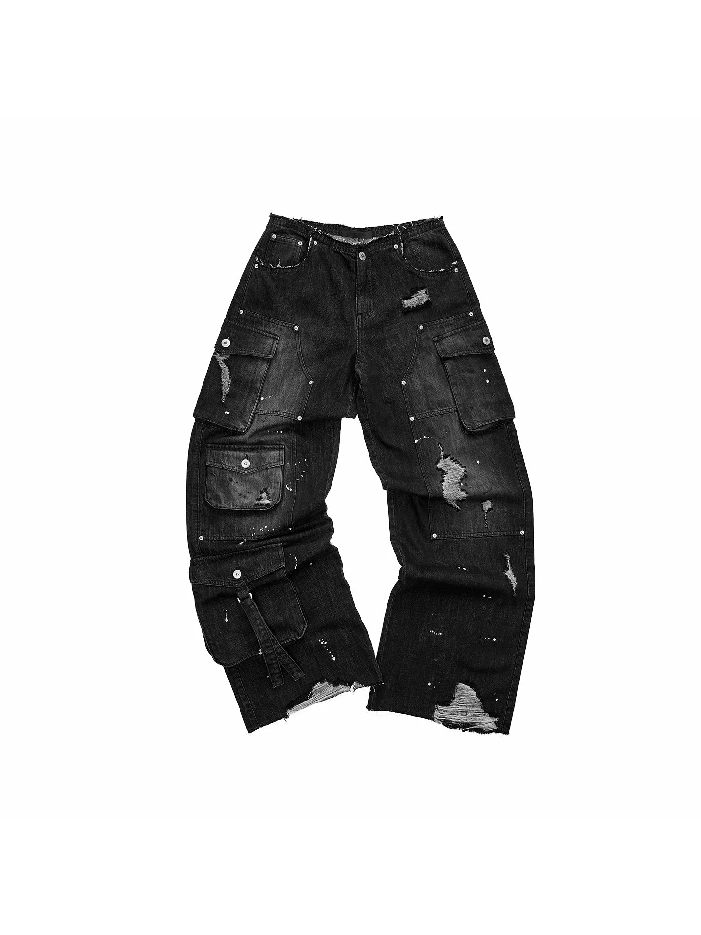 Retro multi-pocket cargo style washed denim jeans for women, loose fit, versatile, splatter paint, logging pants