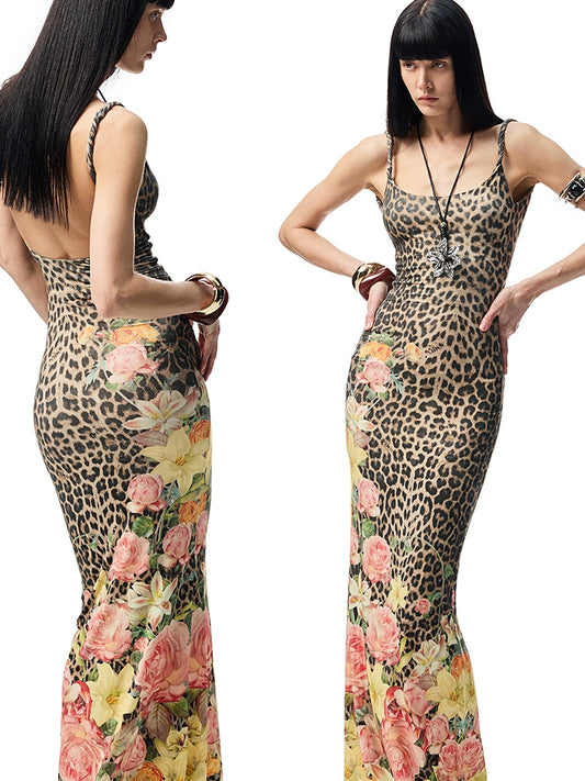Leopard Print Slip Maxi Dress – Backless Cinched Waist Summer Vacation Look