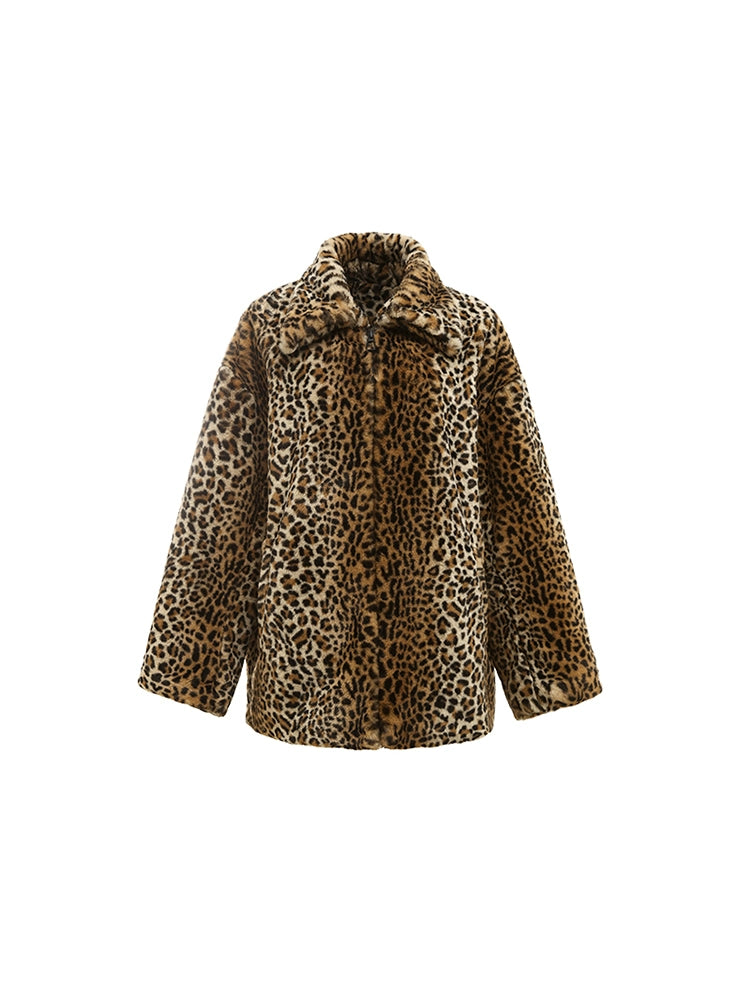 Vintage Leopard Print Faux Fur Jacket – Eco-Friendly Rabbit Fur Midi Coat