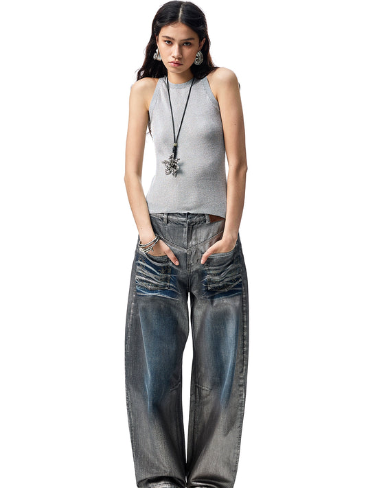 Silver Embroidered Distressed Wide-Leg Denim Pants – Low-Rise Statement Jeans