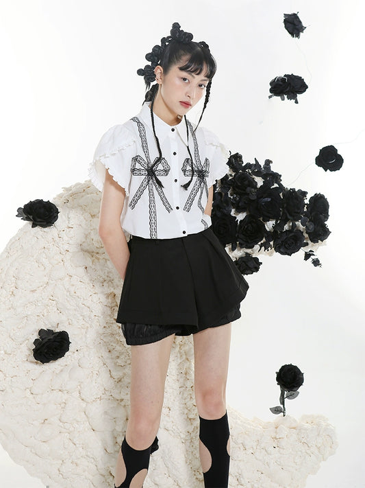 Dark Sweet Cool Lace Bow Short Sleeve Wood Ear Shirt